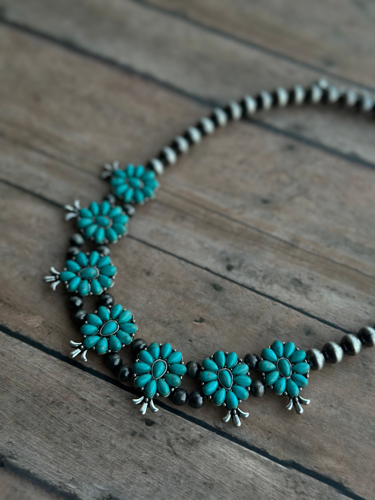 Turquoise Flower Silver Pearl Necklace and Earring Set