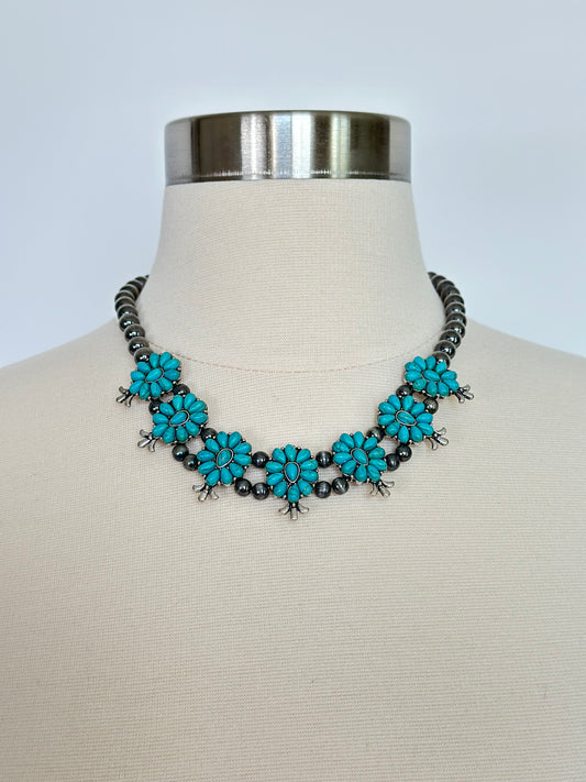 Turquoise Flower Silver Pearl Necklace and Earring Set